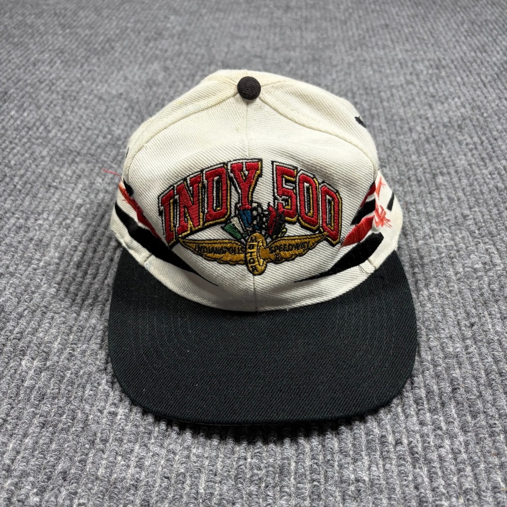 Vintage Logo Athletic Indy 500 Snapback Hat Mens White Black Racing Cap